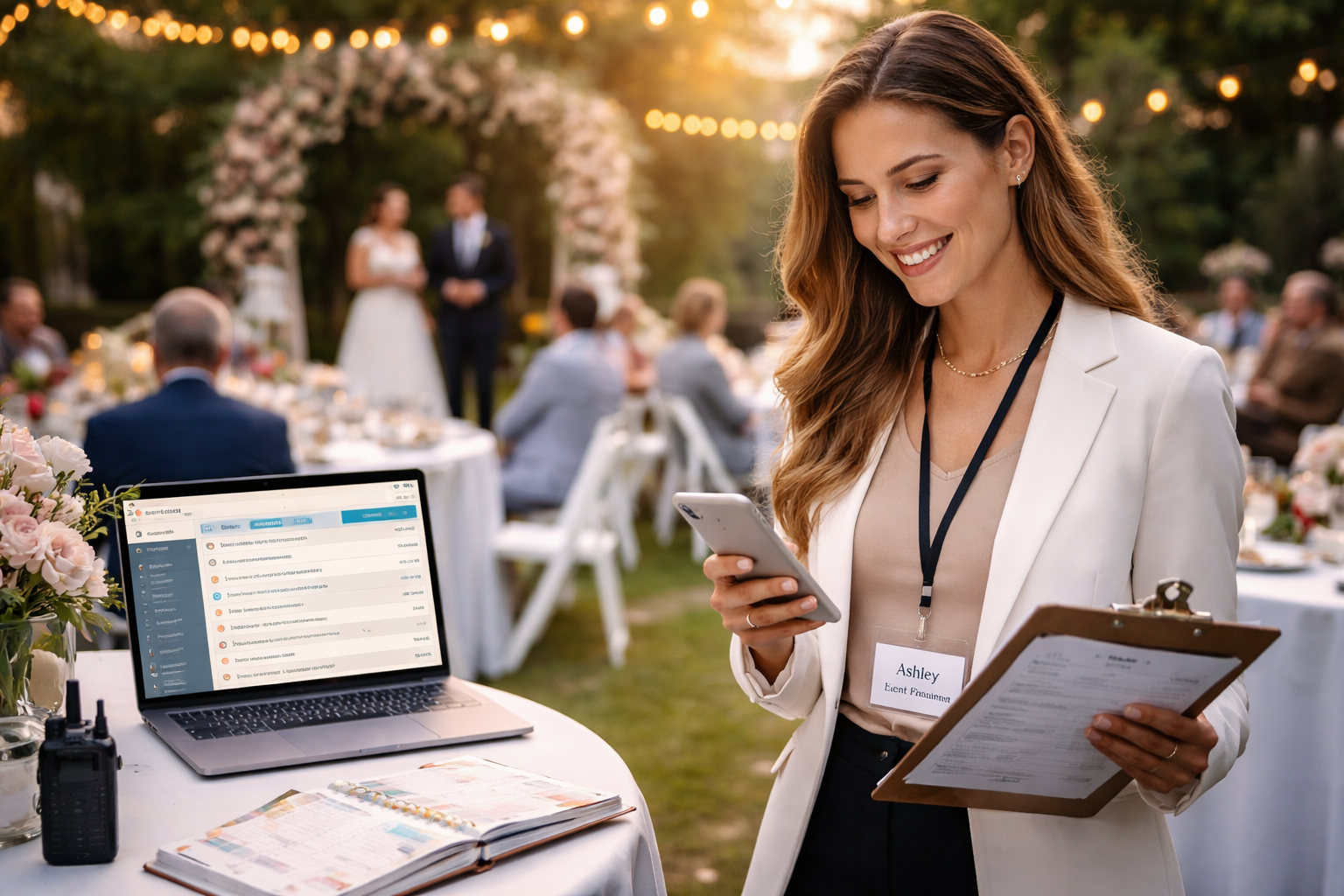 A smiling event planner stands outdoors at a wedding reception, holding a clipboard and phone. A laptop with planning software is open on the table, with guests and a wedding couple visible in the background.