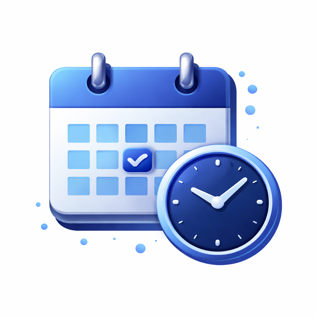 A blue and white calendar with a checkmark on one date is shown next to an analog clock, symbolizing scheduling or an appointment with helpful AI answering service features.