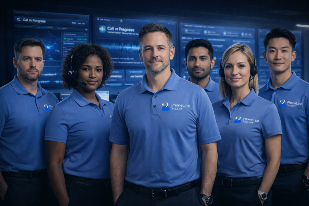 A group of six customer support agents in blue Phone Line Support polo shirts stand together in front of computer monitors displaying call center data. They wear headsets and look confidently at the camera.