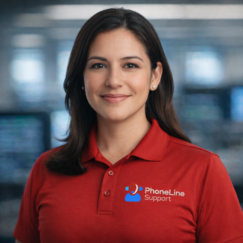 A woman wearing a red polo shirt with a PhoneLine Support logo stands in an office, smiling at the camera. The background is softly blurred, suggesting a modern workplace environment.