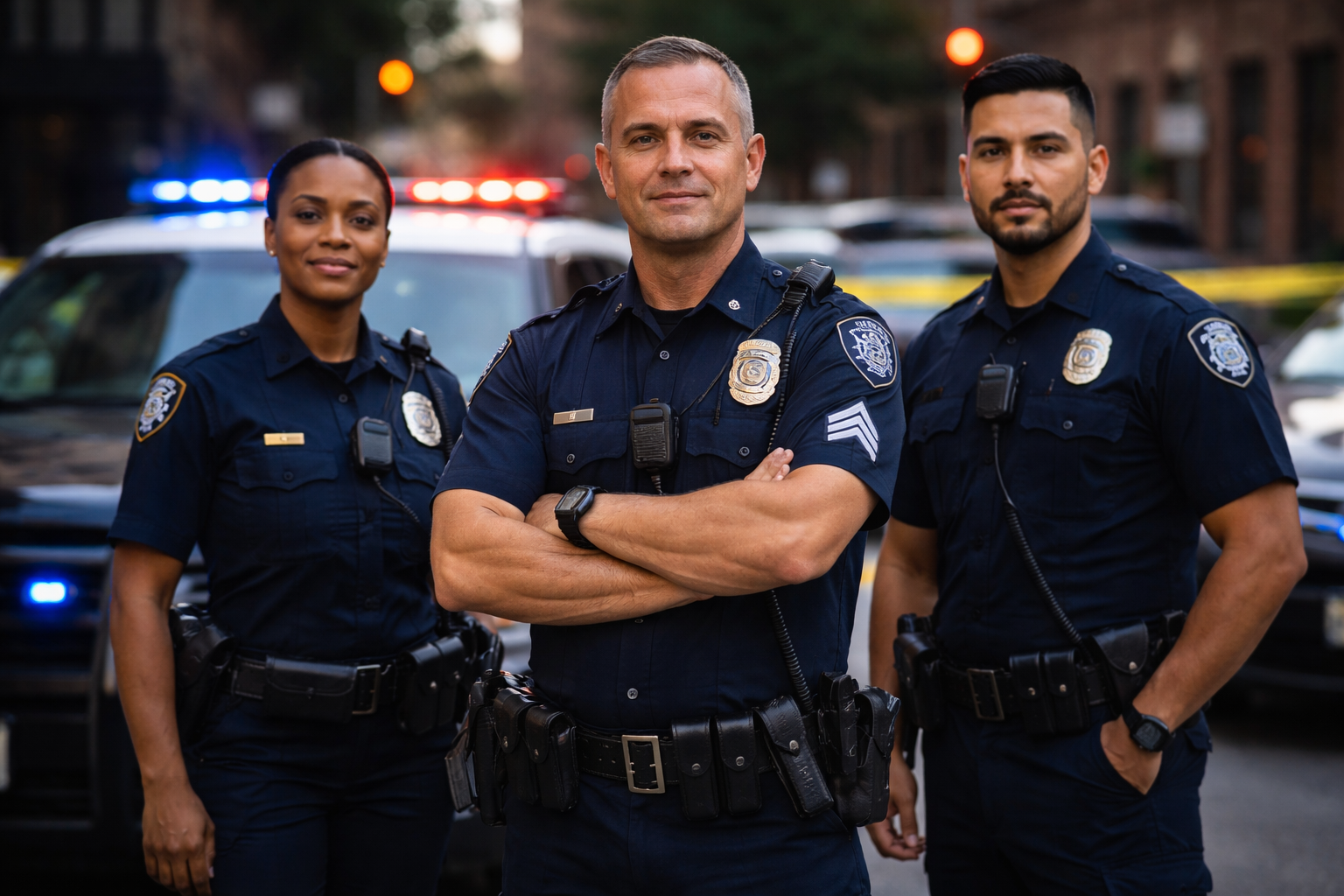 Three police officers in uniform stand confidently in front of police vehicles with flashing lights on a city street. Yellow caution tape is visible in the background.
