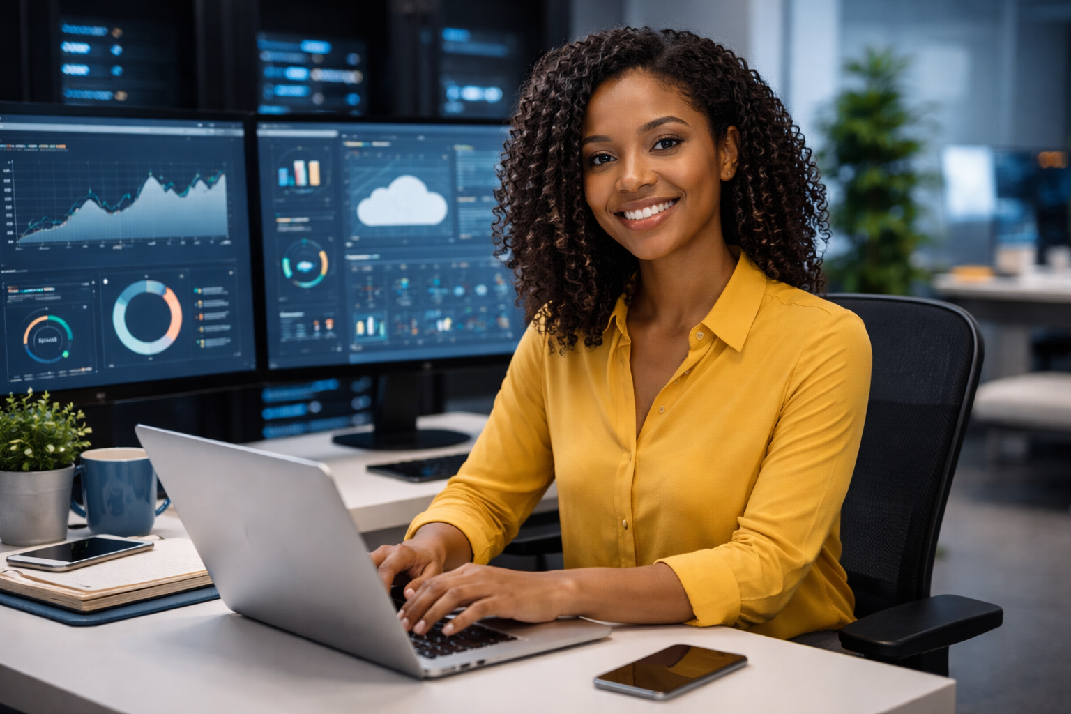 A woman in a yellow shirt smiles while working on a laptop at a desk, surrounded by monitors displaying charts and data in a modern office.