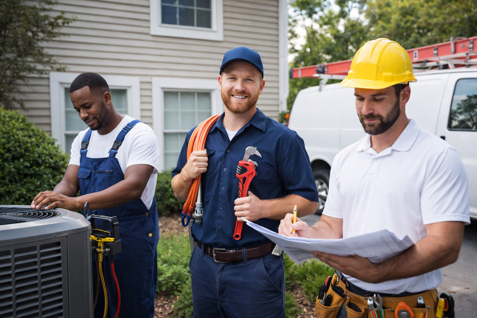 Three male HVAC technicians stand outside a house. One checks equipment, another holds tools and smiles, and the third wears a yellow hard hat, holding a clipboard and pen with a van and ladder in the background.