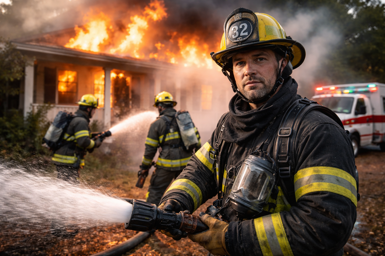 A firefighter in full gear sprays water while two others battle a house fire in the background; flames and smoke rise from the roof, and an emergency vehicle is parked nearby.