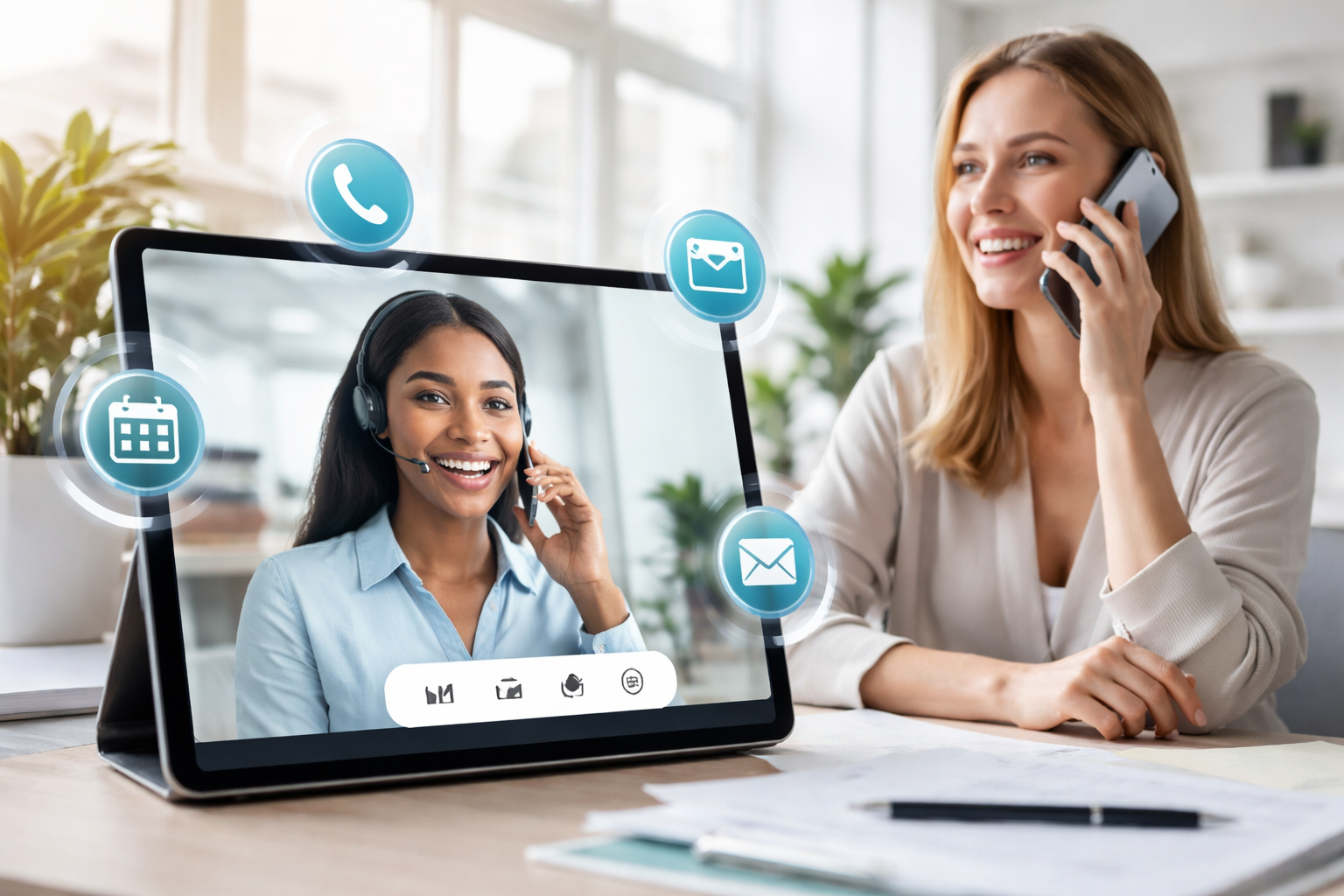 A woman in an office is talking on the phone, while a video call with another woman wearing a headset is open on her laptop. Digital icons for phone, email, and calendar float around the screen.
