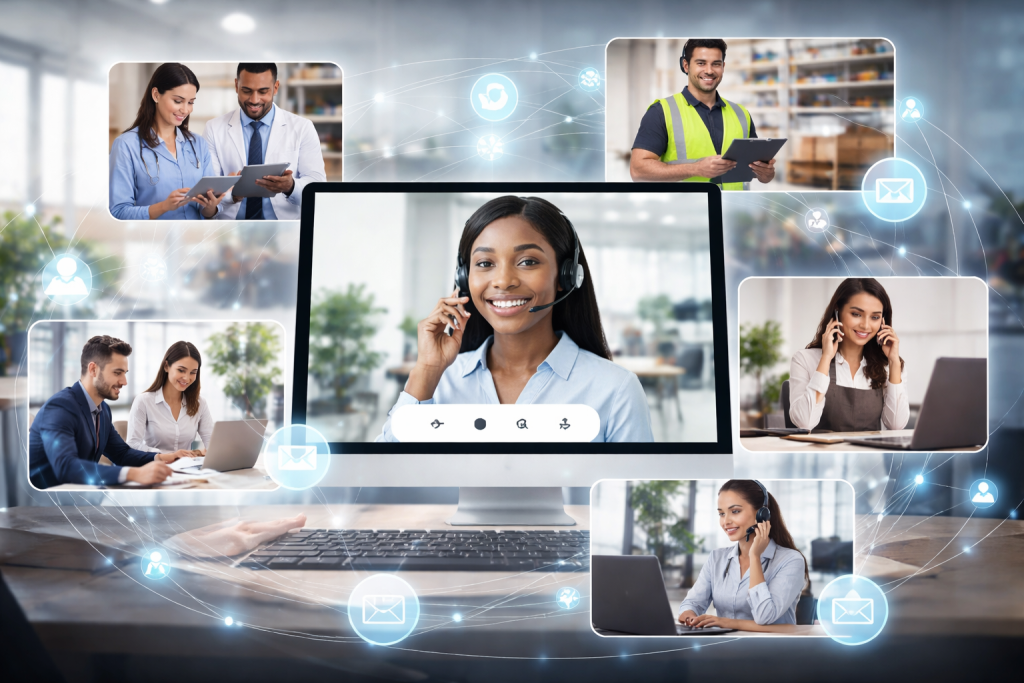 A computer screen shows a woman with a headset in a video call. Surrounding her are smaller images of people working, talking, and collaborating, connected by digital icons symbolizing communication and networking.