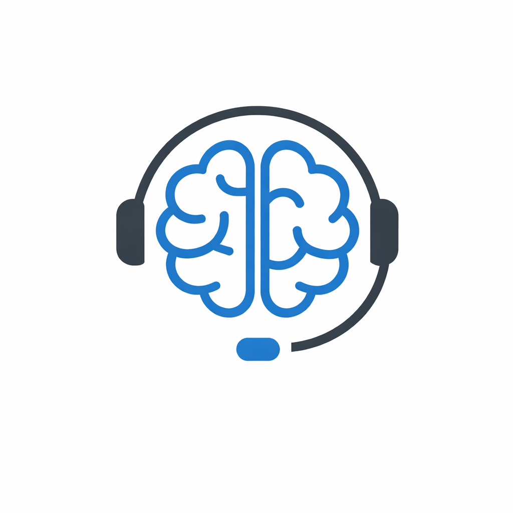 A blue outline of a brain wearing a black headset with mic, symbolizing pricing, customer support, or tech-based communication, on a white background.