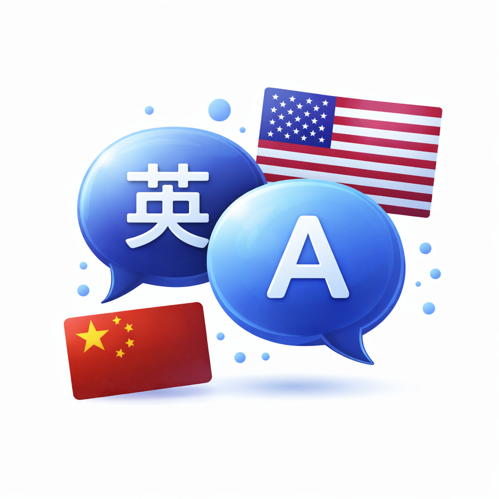 Two speech bubbles, one with a letter A and US flag, the other with a Chinese character and Chinese flag, symbolizing English and Chinese translation or communication—ideal for showcasing AI answering service features.