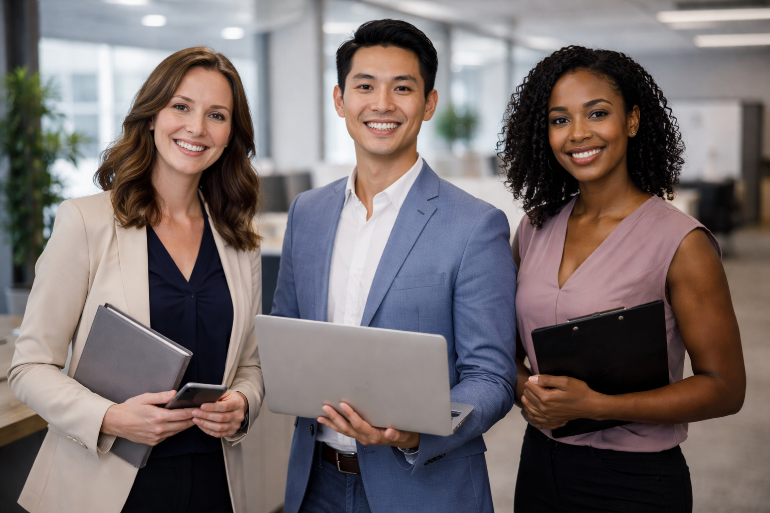 Three professionally dressed people stand in an office, smiling at the camera. One holds a laptop, another holds a tablet and phone, and the third holds a clipboard. Modern office environment in the background.