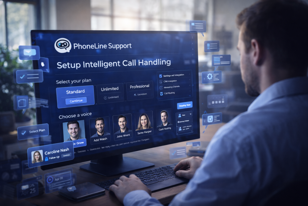 A man sits at a desk using a computer displaying a PhoneLine Support setup screen with AI answering service features—call handling options, plans, and selectable voice profiles with representative photos. Digital interface elements float around the monitor.