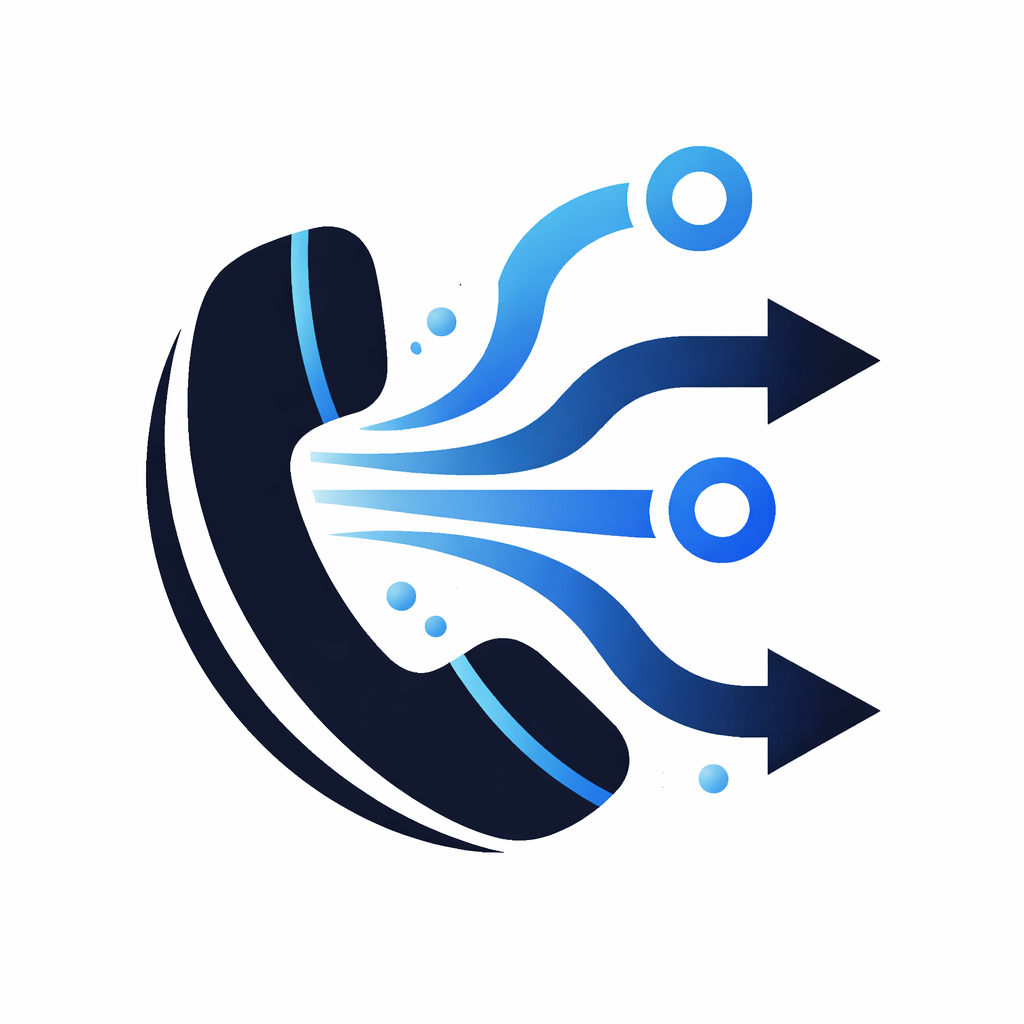 An icon of a classic phone handset with three blue arrows and lines emerging from it, symbolizing communication, call forwarding, or phone connectivity with advanced AI answering service features.