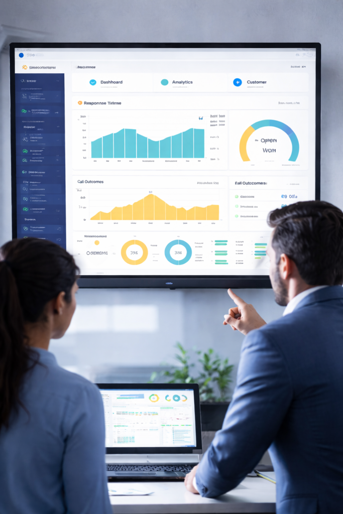 Two professionals analyzing business analytics charts and graphs displayed on a large monitor, with one person pointing at the screen; a laptop with similar data is open on the desk, highlighting trends in AI phone workers.