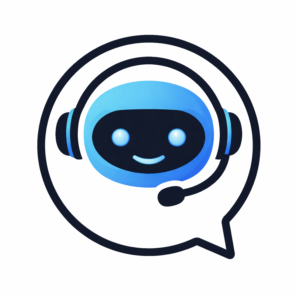 A simple illustration of a friendly robot face with a headset and microphone, enclosed in a speech bubble, representing virtual assistance or AI answering service features.