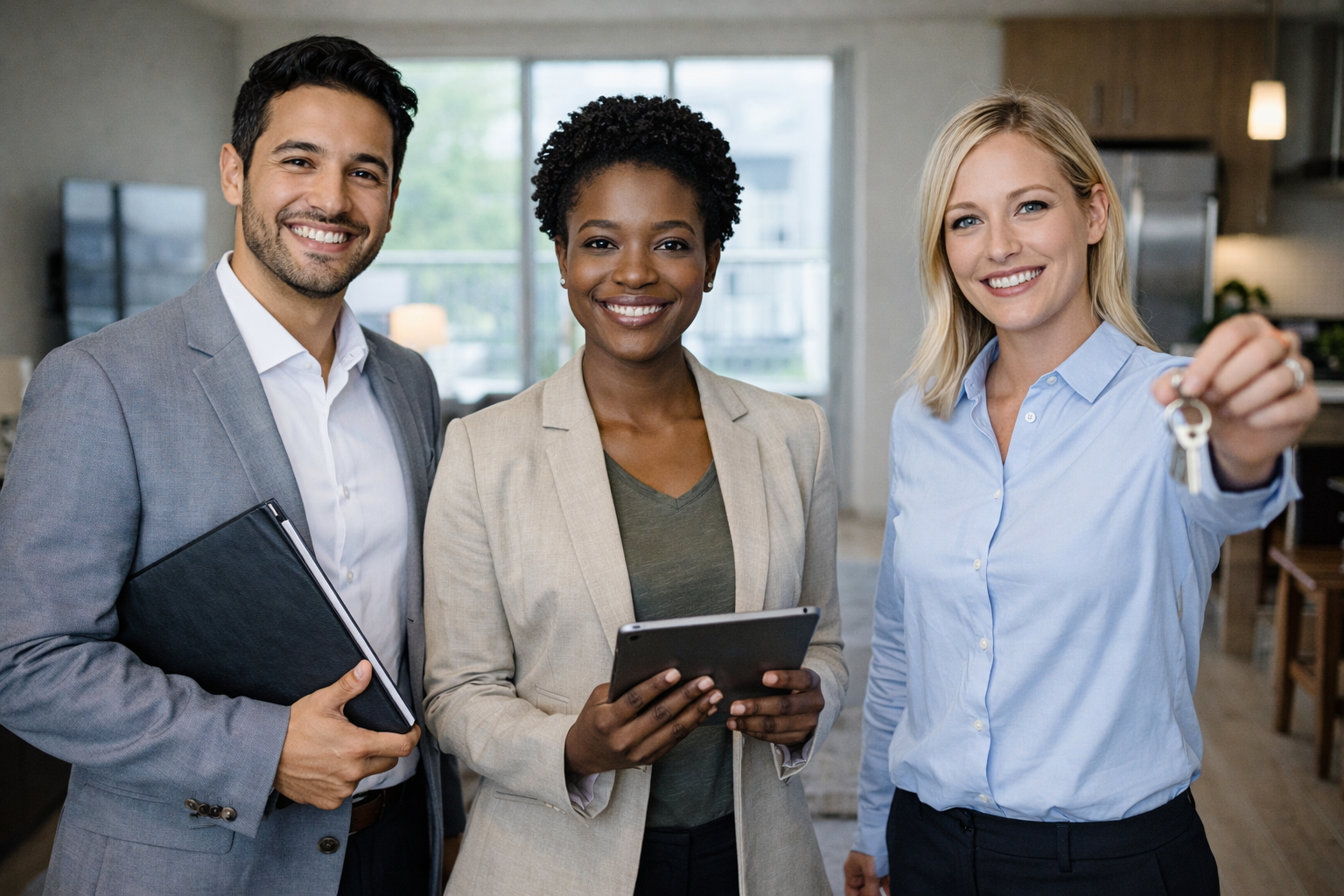 Three professionally dressed people stand indoors, smiling at the camera. One person holds a tablet, another holds a folder, and the third woman holds up a set of keys, suggesting a successful real estate transaction.