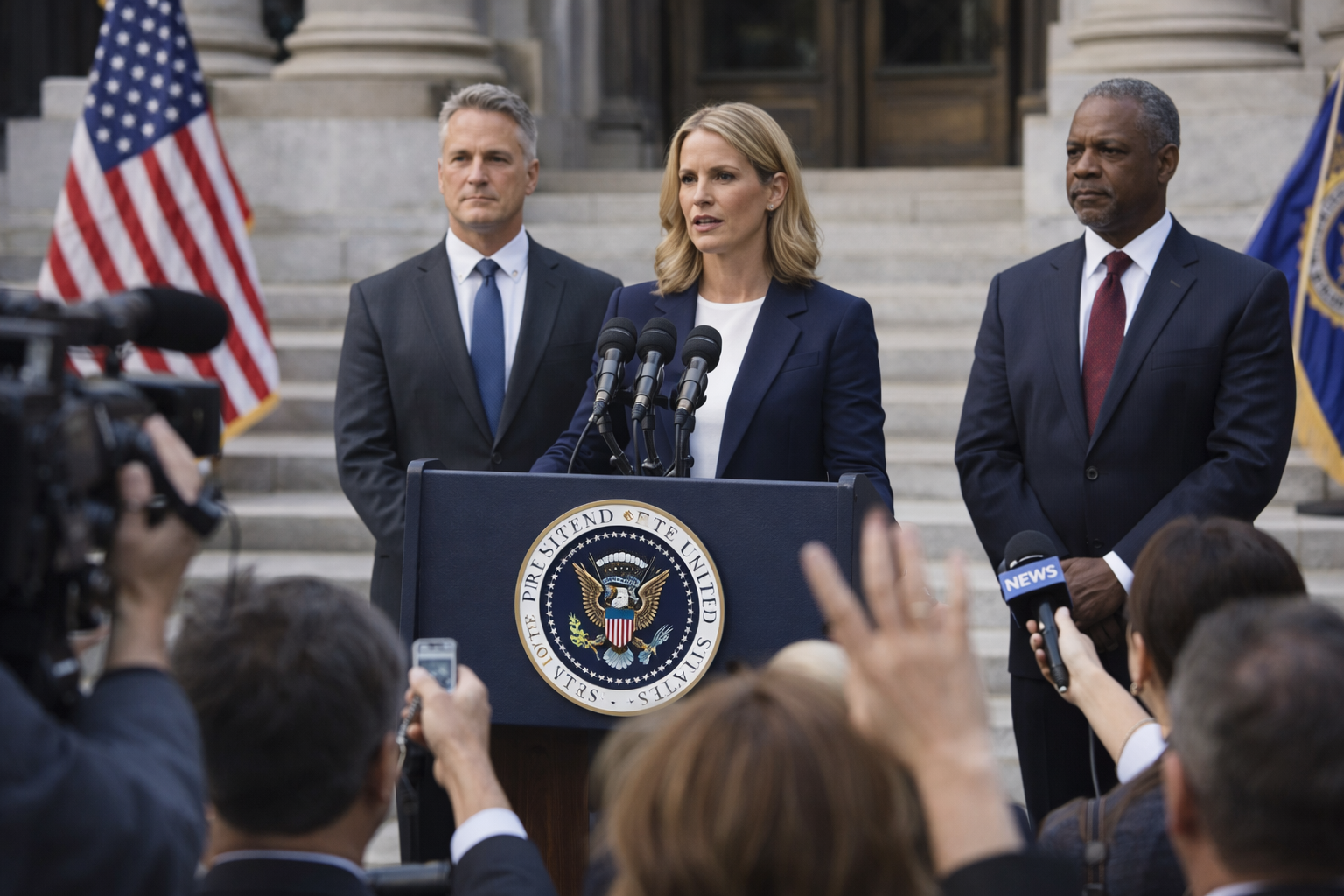 A woman speaks at a podium with the U.S. presidential seal, flanked by two men in suits. Reporters with microphones and cameras record the event outside a government building with American flags displayed.