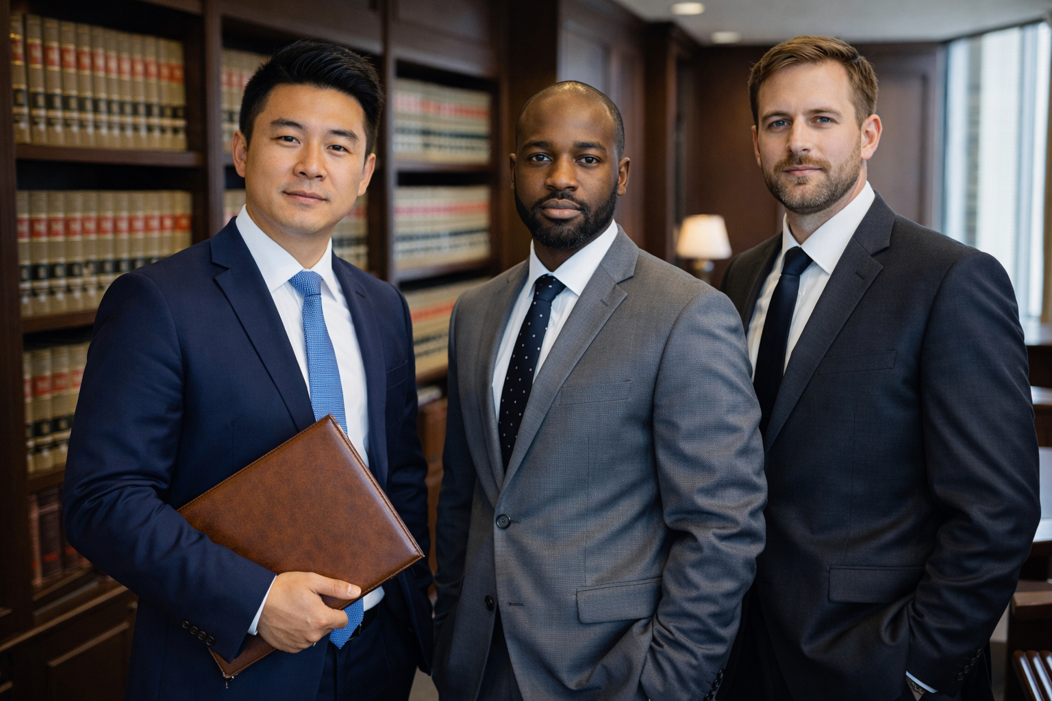 Three men in suits stand confidently in a law library, surrounded by shelves of legal books. The man on the left holds a leather portfolio, while all three look directly at the camera.