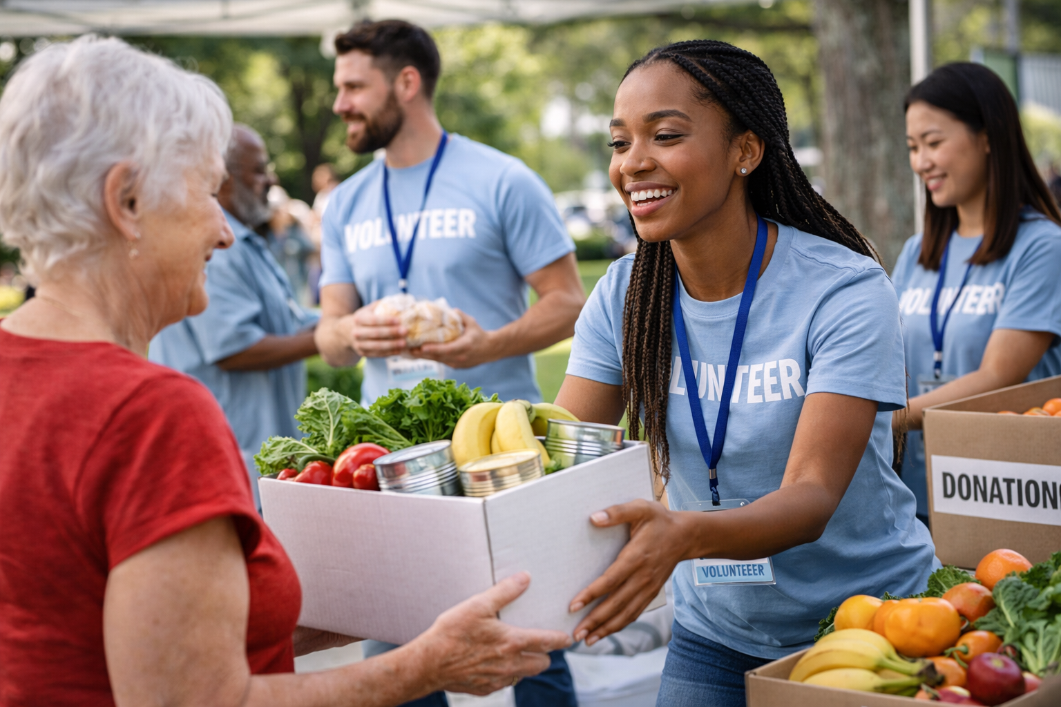 A smiling young volunteer hands a box of fresh produce and canned goods to an older woman at an outdoor food donation event. Other volunteers and donation boxes with fruits and vegetables are visible in the background.