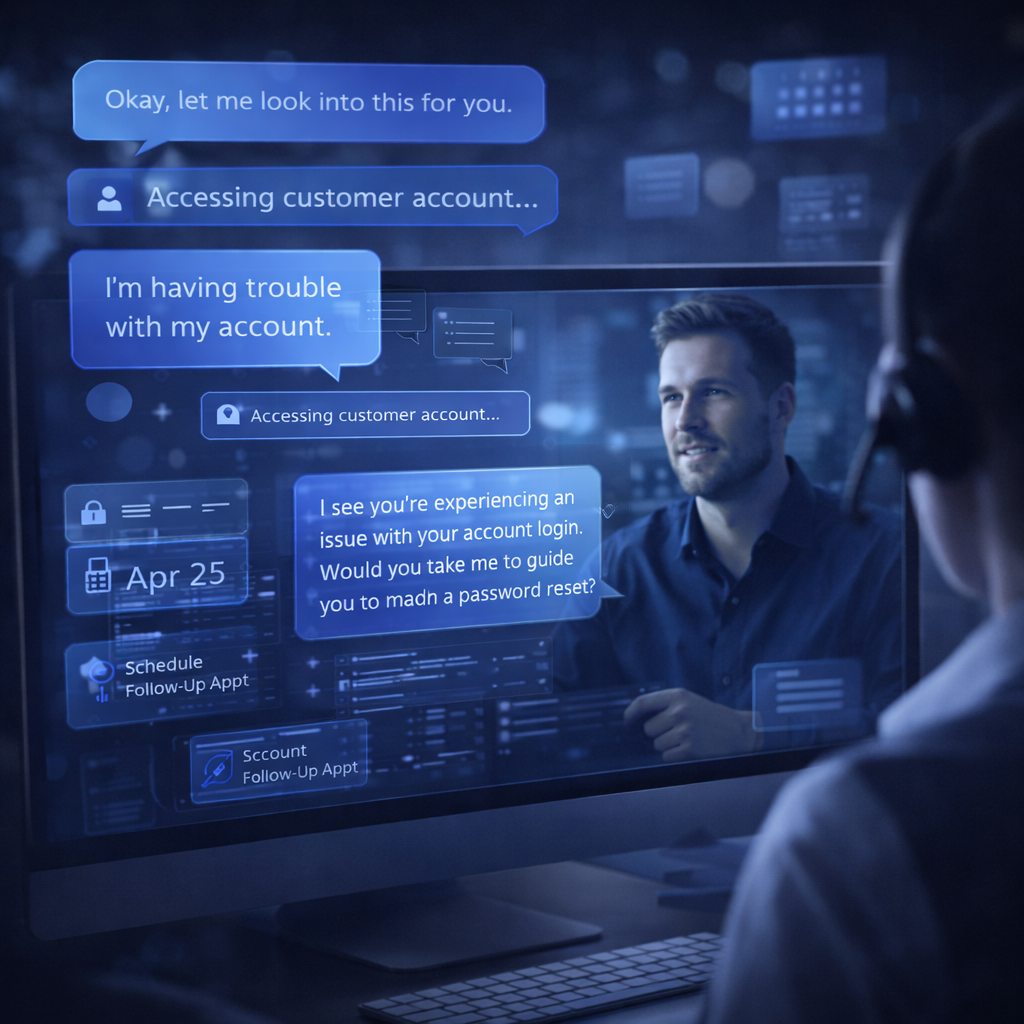 A person wearing a headset sits at a computer, messaging with a customer service agent on a screen. Chat bubbles and virtual interface elements highlight AI answering service features assisting in troubleshooting an account issue.
