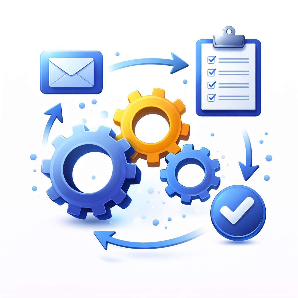 Illustration of interconnected gears, a clipboard with checkmarks, an envelope, and a large checkmark, all linked by arrows, symbolizing workflow automation, AI answering service features, process integration, and task completion.