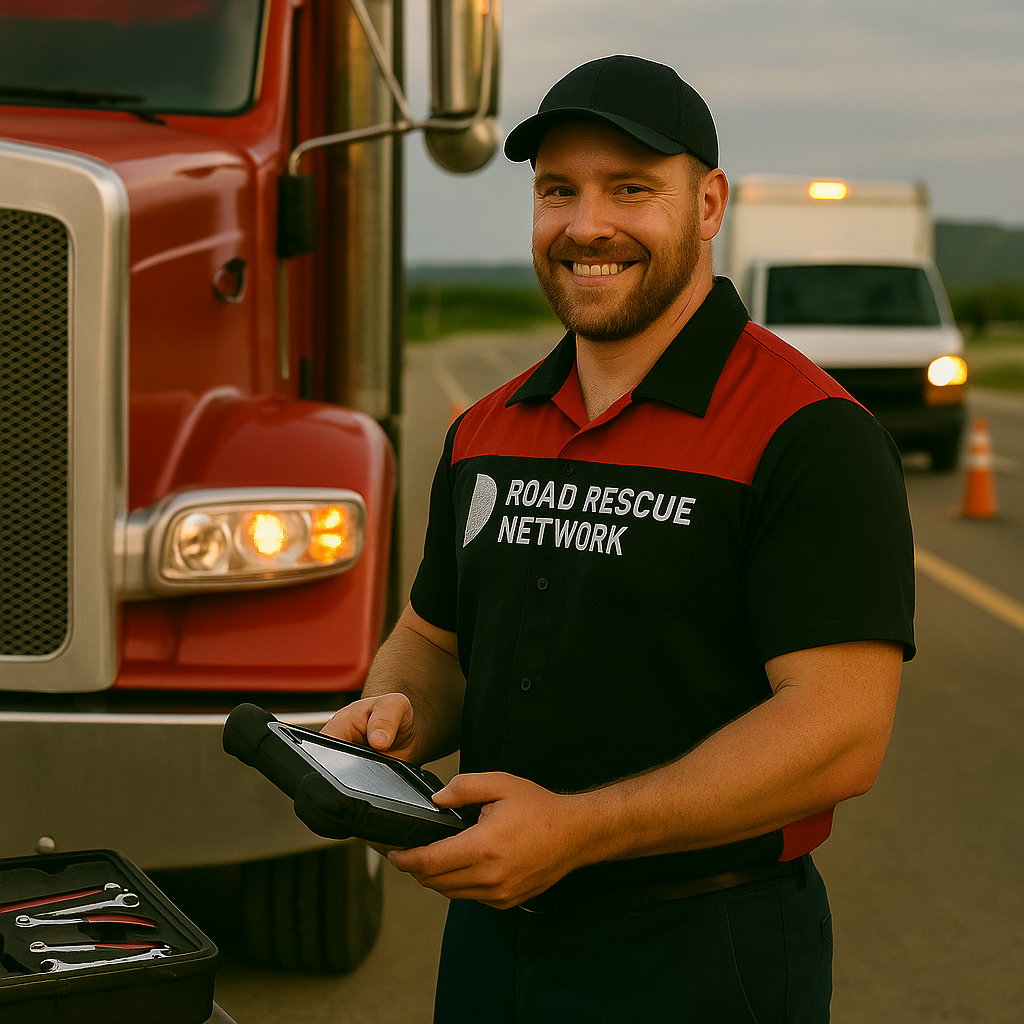 A smiling roadside assistance worker in a Road Rescue Network shirt holds a tablet next to a red truck on a road, with a tool kit open and an emergency van and traffic cone in the background.