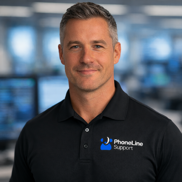 A smiling man wearing a black PhoneLine Support polo shirt stands in a modern office with blurred computer screens in the background.
