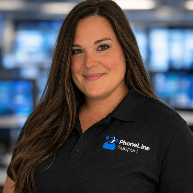 A woman with long brown hair, smiling and wearing a black PhoneLine Support polo shirt, stands in a modern office environment with blurred computer monitors in the background.