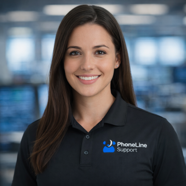 A woman in a black PhoneLine Support polo shirt smiles at the camera, standing in a modern office with blurred computer screens in the background.