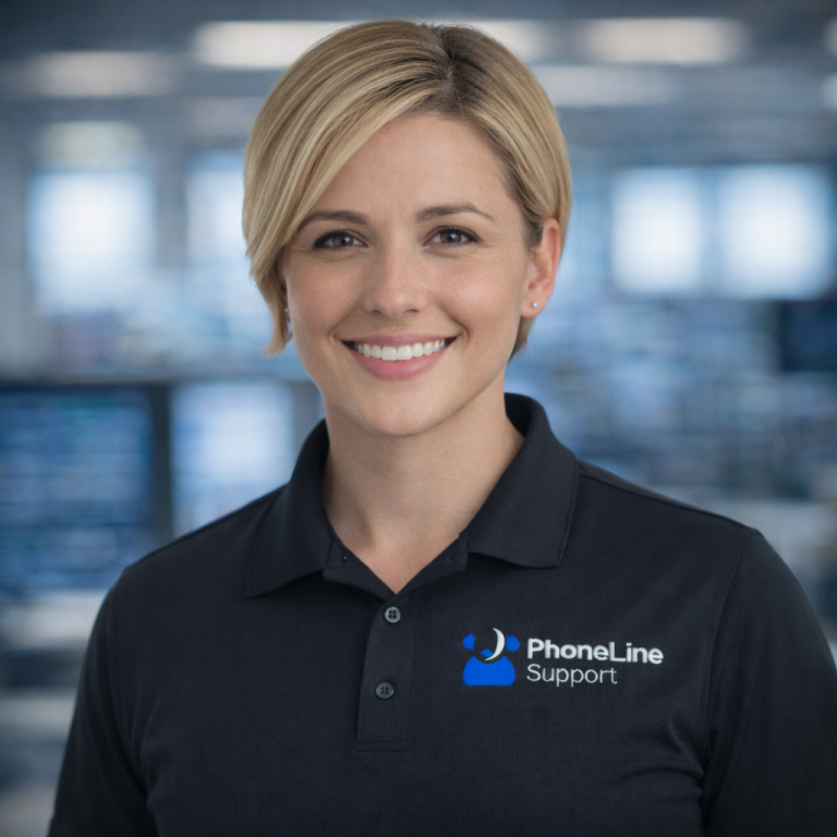 A smiling woman with short blonde hair wears a dark polo shirt with the PhoneLine Support logo, standing in a bright, modern office setting.
