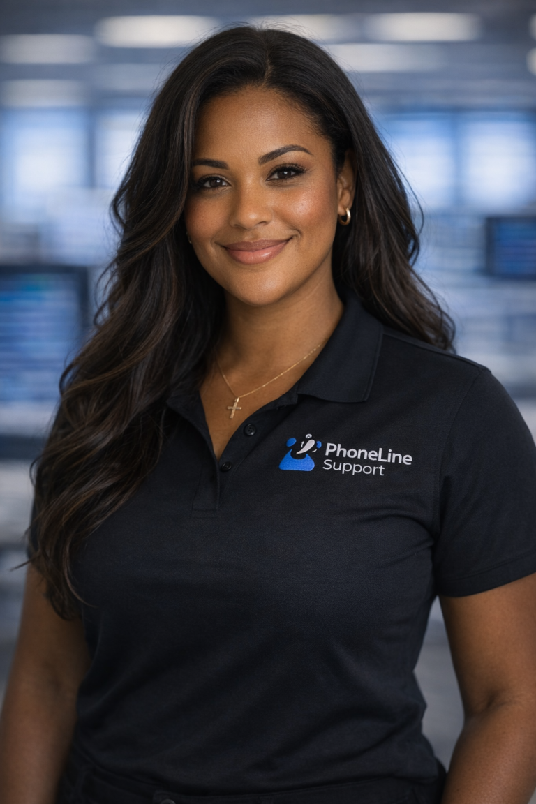 A woman with long dark hair wearing a black PhoneLine Support polo shirt stands smiling in an office environment with blurred computer screens in the background.