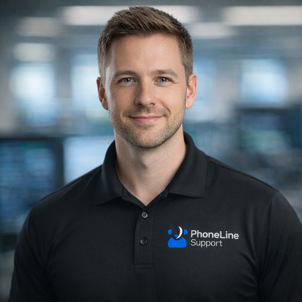A smiling man with short brown hair wearing a black polo shirt with the PhoneLine Support logo stands in an office with a blurred background.