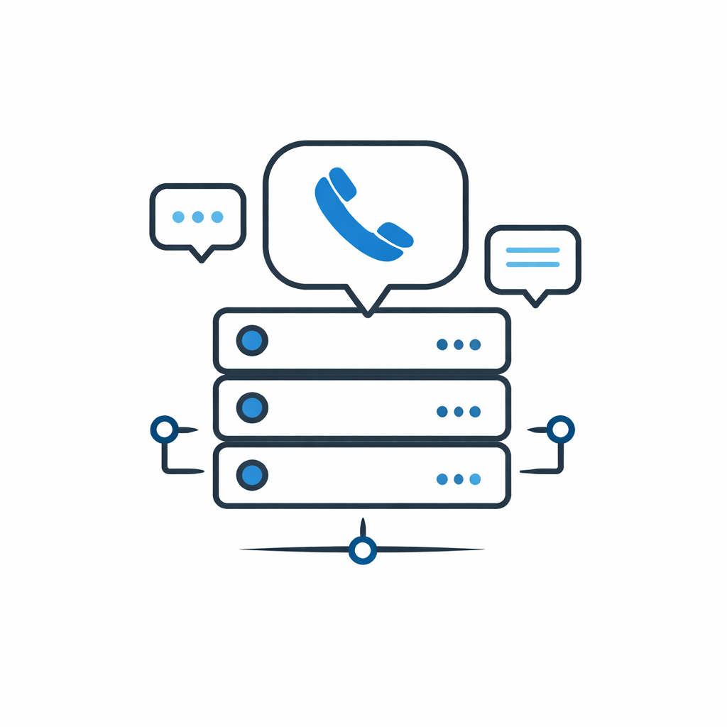 Illustration of three stacked server units with speech bubbles, including a phone icon and text, symbolizing communication technology like VoIP servers or pricing on a white background.