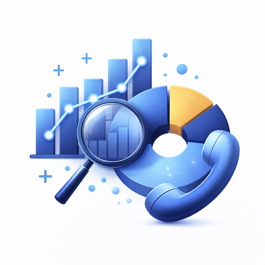 A 3D illustration showing a bar chart, pie chart, magnifying glass, and blue telephone receiver, symbolizing data analysis and communication enhanced by AI answering service features in business or customer service contexts.