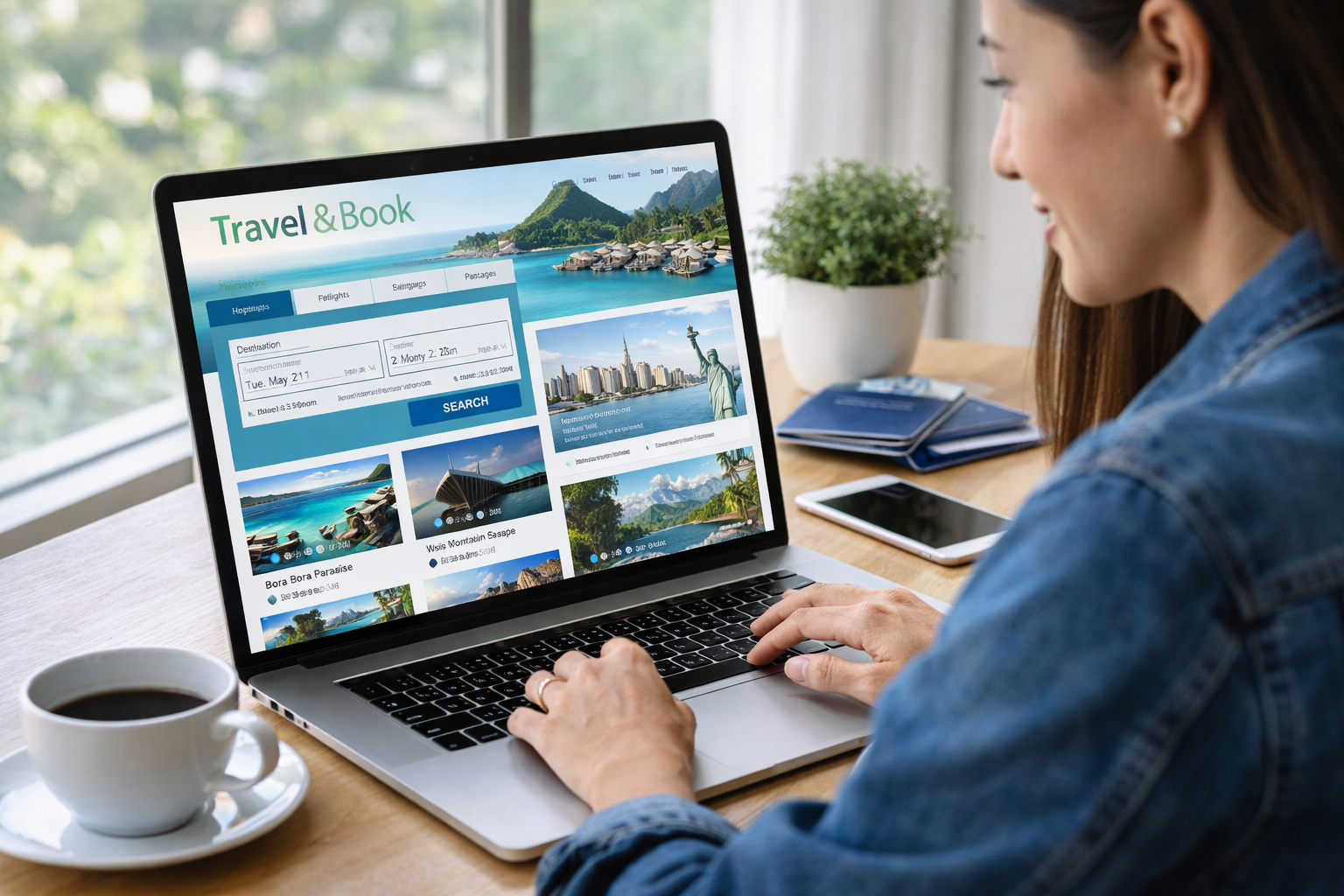 A woman uses a laptop to browse a travel booking website, displaying options for destinations and flight dates. A passport, smartphone, and cup of coffee are on the table near her.