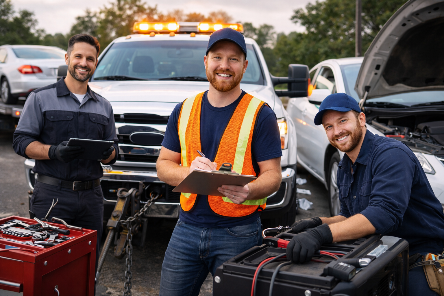 Three smiling roadside assistance workers stand in front of a tow truck; one holds a clipboard, another has a tablet, and the third works on a car battery with the car hood open. Tools are visible in the foreground.