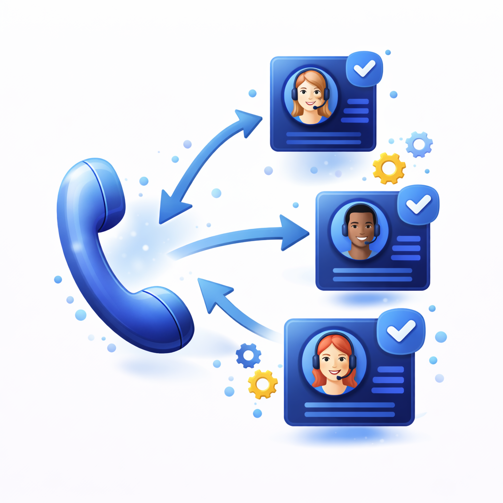 A large blue phone icon with arrows pointing to three customer service avatars, each in a chat box with a checkmark, represents call routing or AI answering service features. Gears and dots decorate the background.
