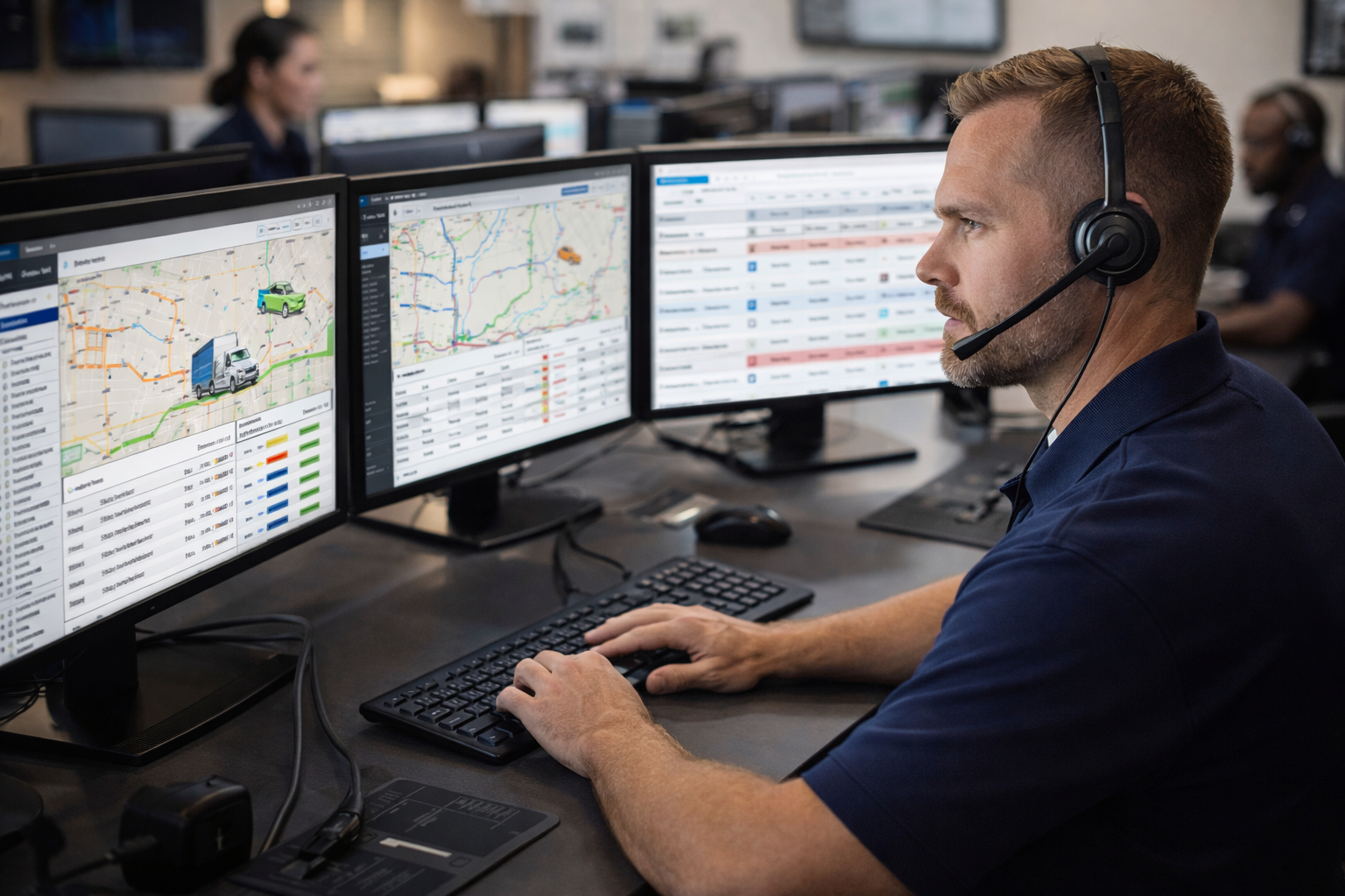 A man wearing a headset sits at a desk, monitoring three computer screens displaying maps, vehicle tracking, and data tables in what appears to be a control or dispatch center.