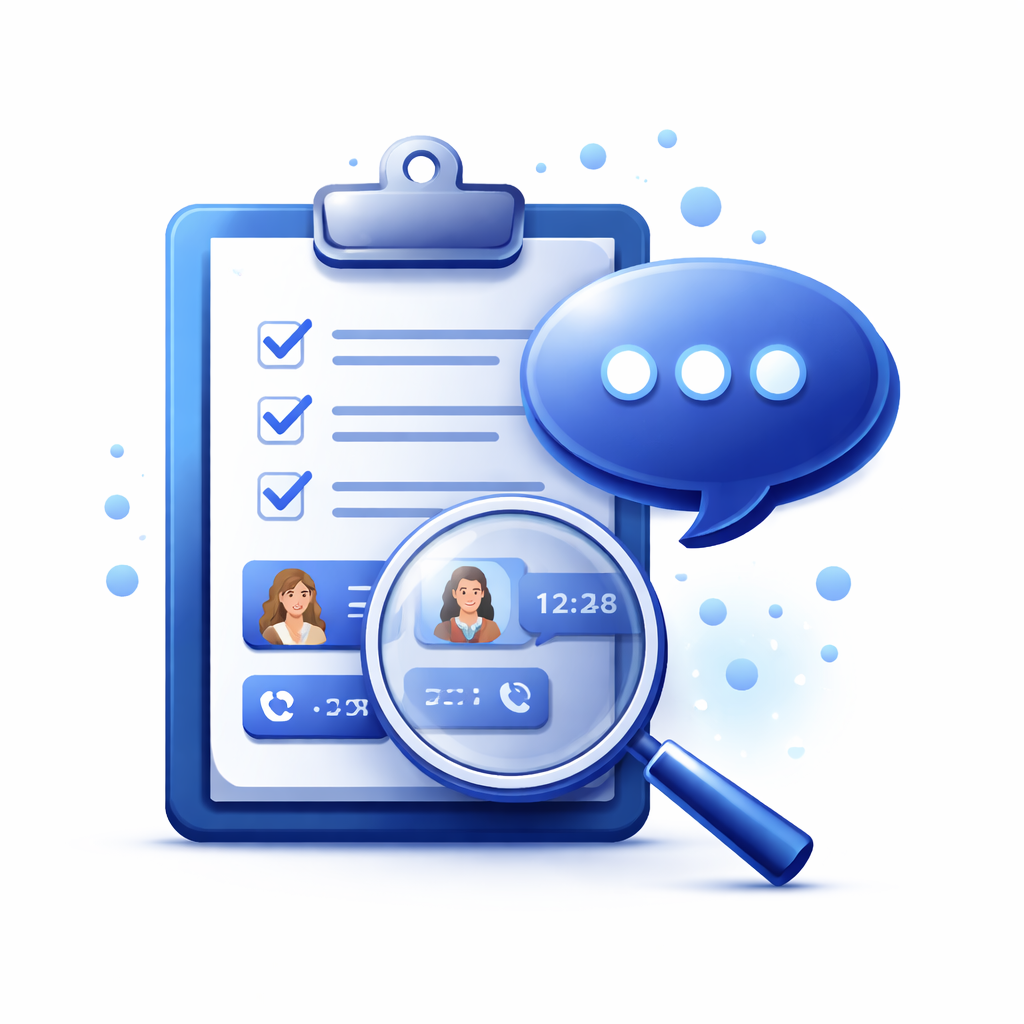 An illustrated clipboard with a checklist, profile images of two women, a clock showing 12:28, a magnifying glass, and a speech bubble with three dots representing AI answering service features and conversation.