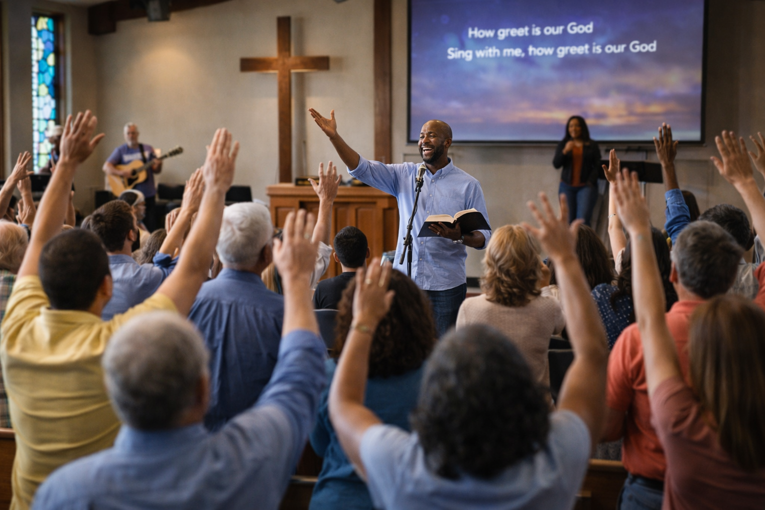 A pastor stands at the front of a church, holding a Bible and leading a congregation in worship. People raise their hands, and song lyrics are projected on a screen behind him. A guitarist and singer perform on stage.
