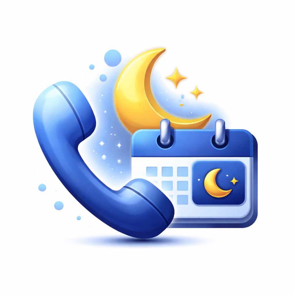 A blue phone handset, a calendar with a crescent moon symbol, and a large yellow crescent moon with stars, all set against a white background, suggesting night-time communication or scheduling with AI answering service features.