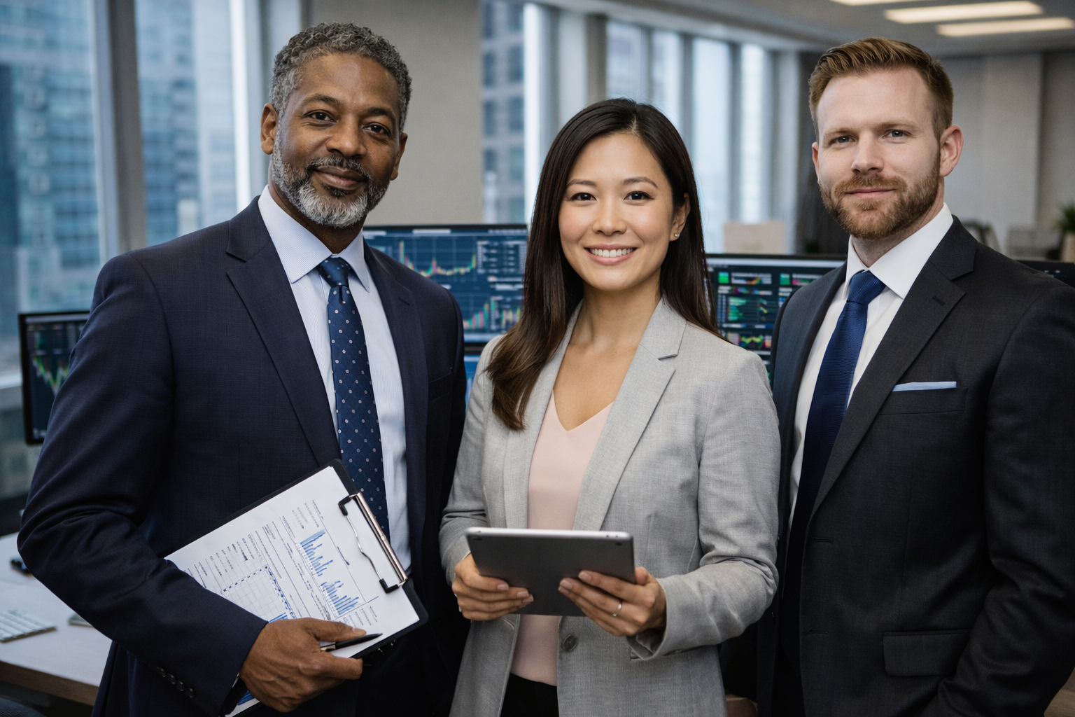Three business professionals stand together in an office with large windows and computer screens displaying financial data. One holds a clipboard, another holds a tablet, and all are dressed in business attire, smiling at the camera.