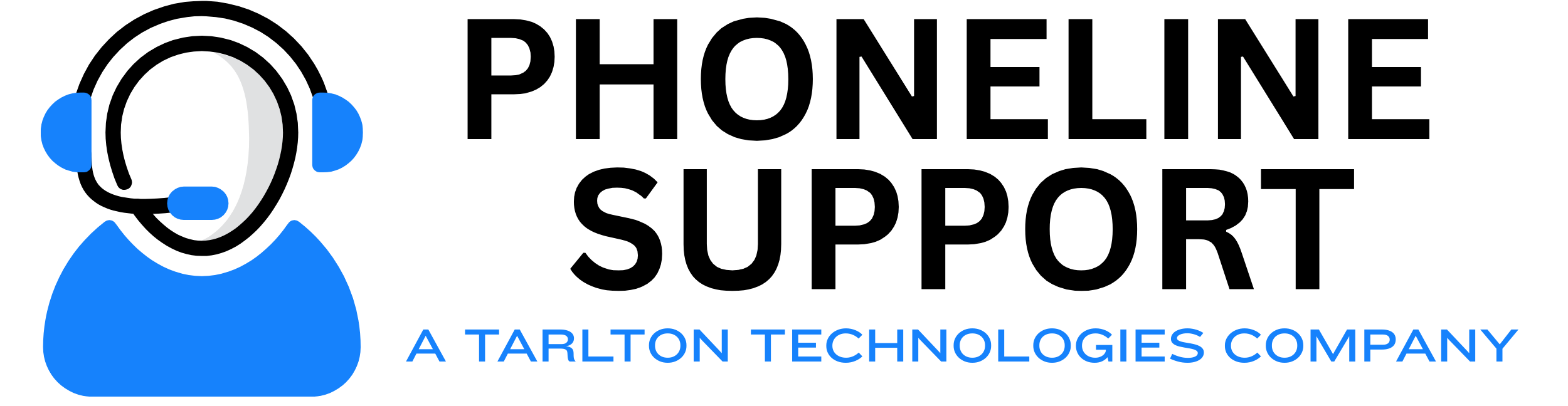 A blue and black icon of a person wearing a headset appears next to the text PHONELINE SUPPORT in bold letters, with A Tarlton Technologies Company written below in smaller blue text.