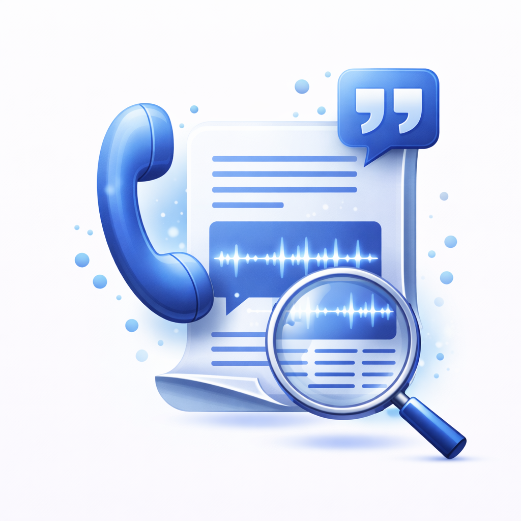 A blue phone handset, a document with speech waves and quotation marks, and a magnifying glass symbolize AI answering service features like voice transcription and analysis.