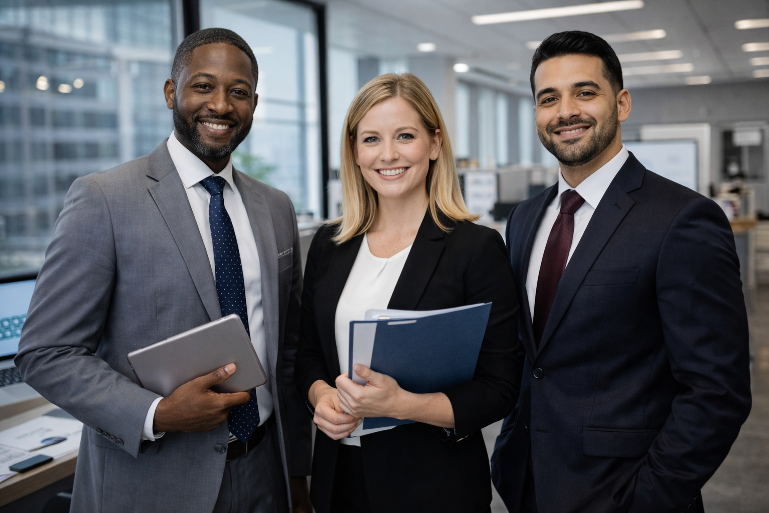 Three professionally dressed people stand and smile in a modern office. Two men in suits hold a tablet and phone; a woman in a blazer holds blue folders. Large windows and desks are visible in the background.