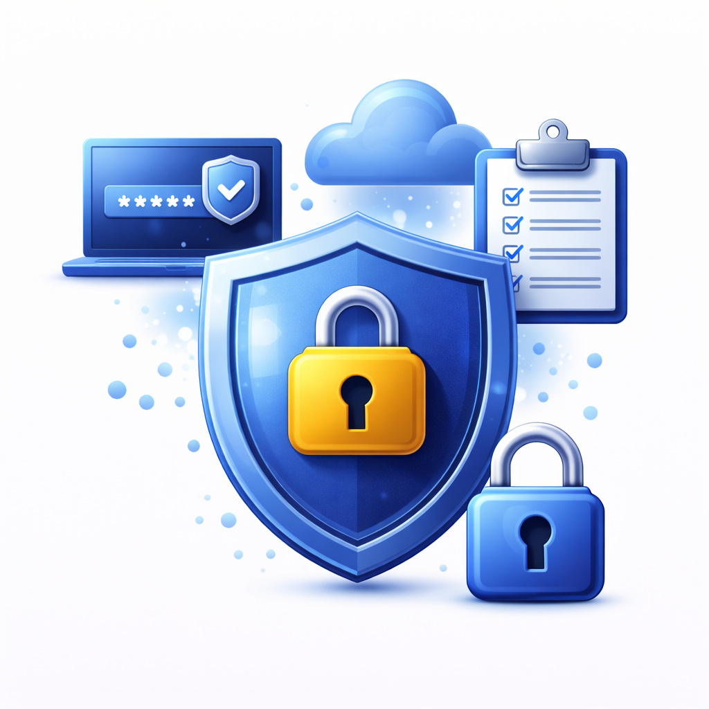 A blue shield with a yellow padlock in front, symbolizing data security. Behind it are a cloud, checklist clipboard, blue padlock, and a laptop with password and checkmark—highlighting AI answering service features for secure digital communication.