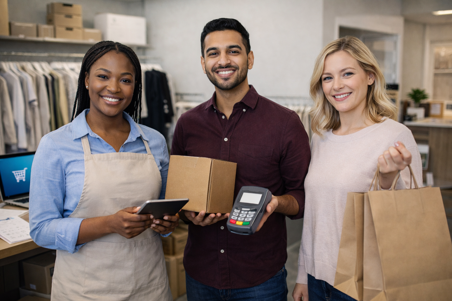 Three smiling people in a clothing store: one holds a tablet, another holds a box and payment terminal, and the third holds shopping bags, suggesting a successful purchase. Clothing racks are visible in the background.