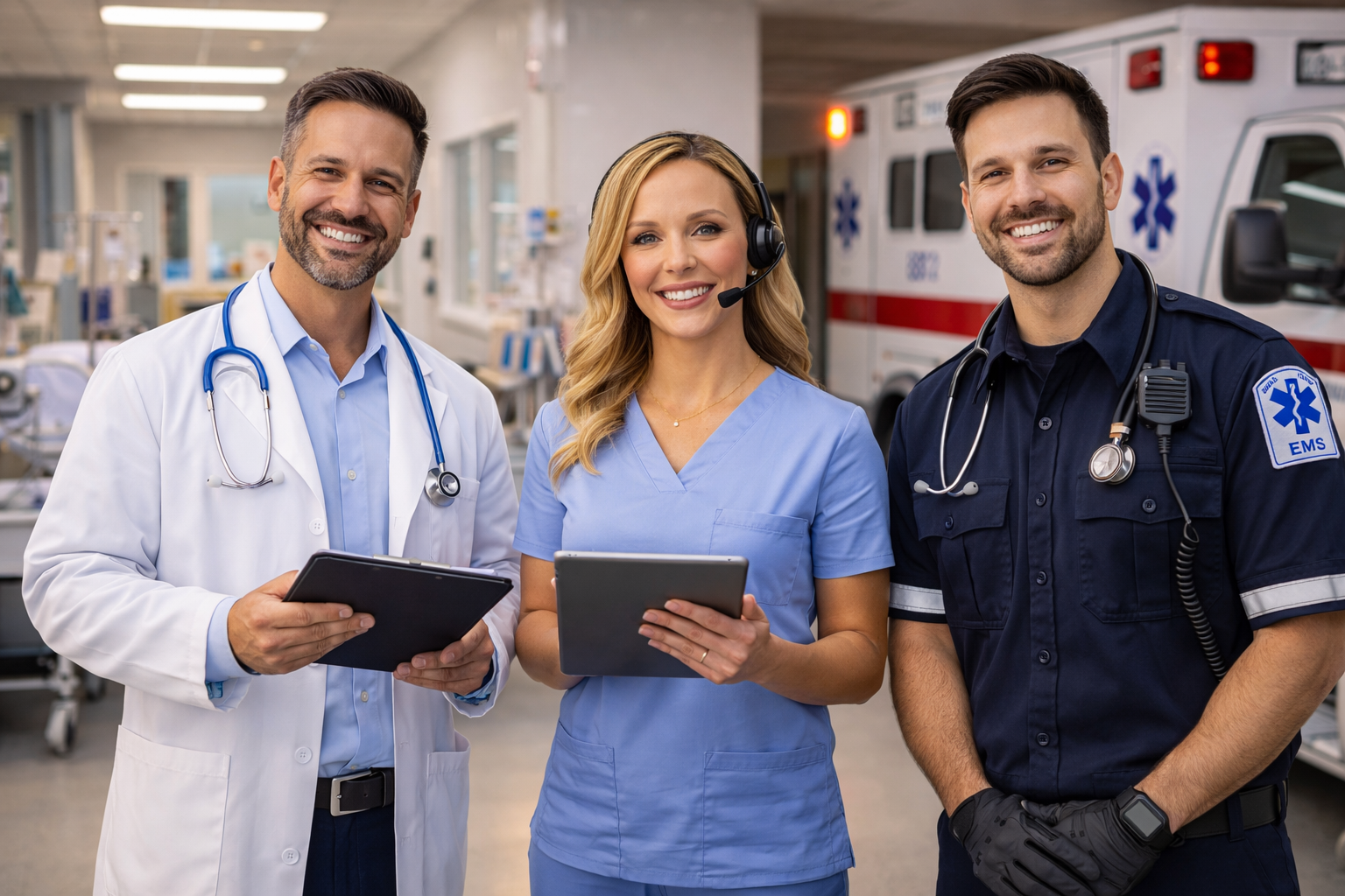 Three smiling healthcare professionals—a doctor, a nurse with a headset, and a paramedic—stand together in a hospital corridor with an ambulance visible in the background, each holding a tablet.