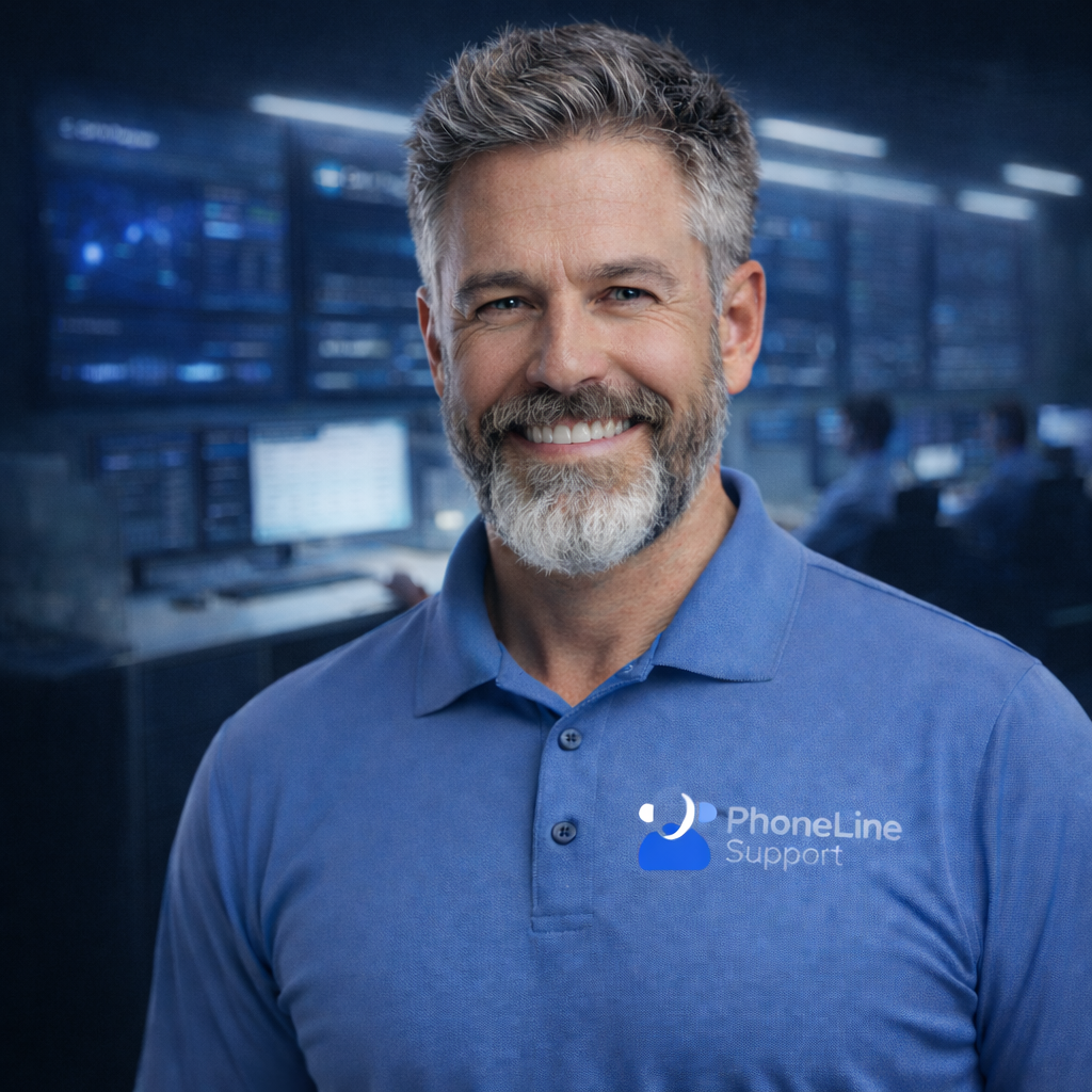 A smiling man with gray hair and a beard wears a blue PhoneLine Support polo shirt, standing in a modern office with several computer monitors, AI phone workers, and people working in the background.